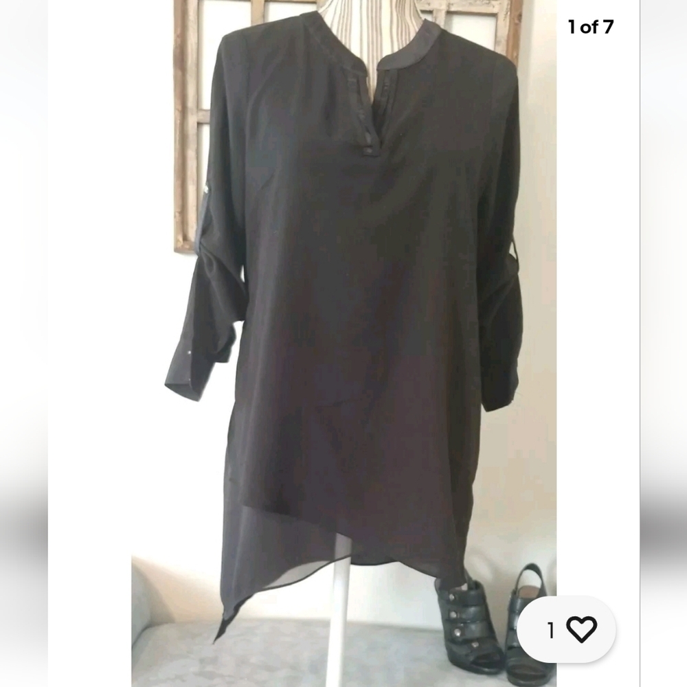 WHITE HOUSE BLACK MARKET Small (4) Asymmetrical Black Chiffon Tunic Blouse Top